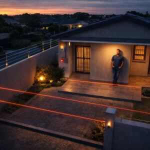 An image depicting the layers of security: A man leans against his home wall, relaxed. We can see an electric fence, security beans and a security alarm light