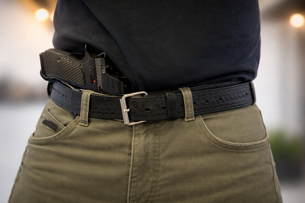 El Paso Double Leather Basket Weave belt being used every day for Appendix firearm carry
