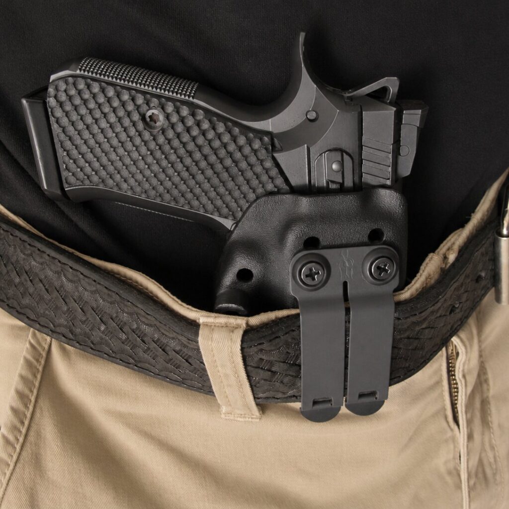 A close view of the Stealth Kydex in the AIWB position showing the DCC Monoblock® metal belt clip